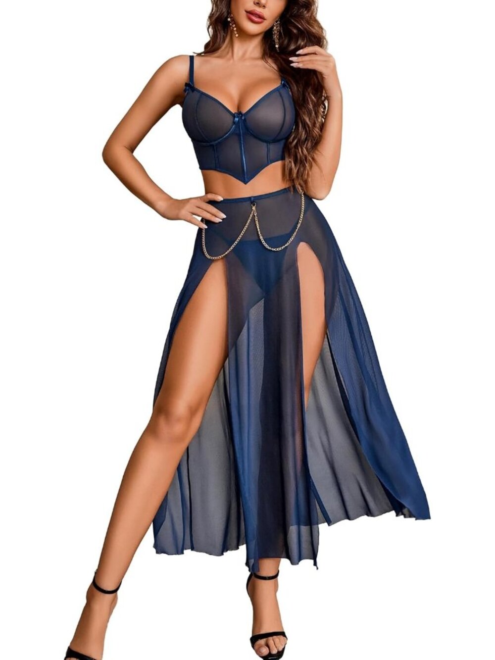 Women's Navy Blue V Neck Sexy Long Skirt Two Side Split Lingerie 3 Piece Outfit
